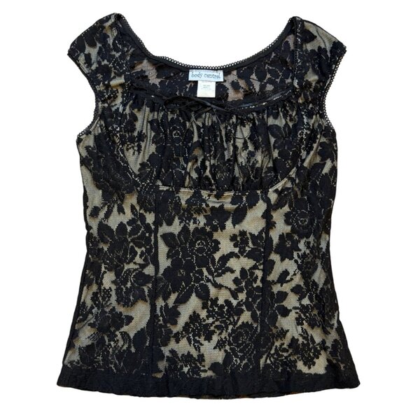 Y2K Body Central Black Floral Lace Top Tie Front Medium - Picture 1 of 6